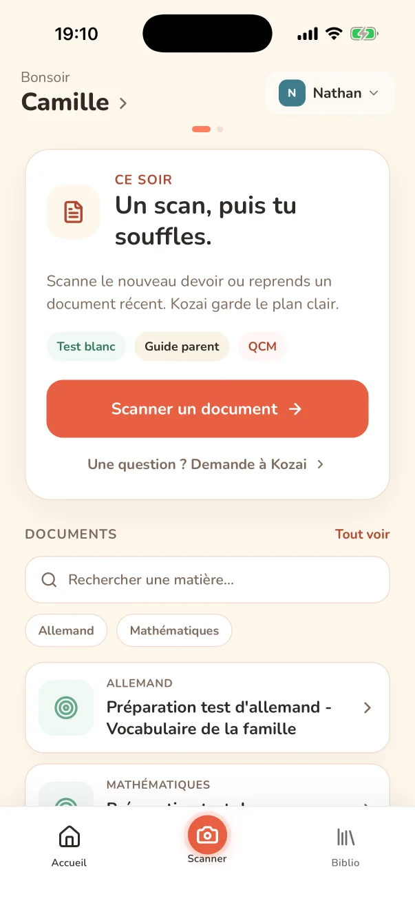 Accueil réel de l'application Kozai conçu pour le parent