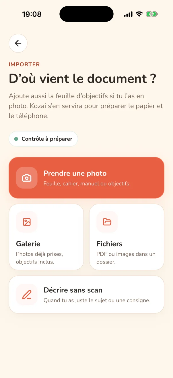 Écran Kozai permettant de prendre une photo du document scolaire